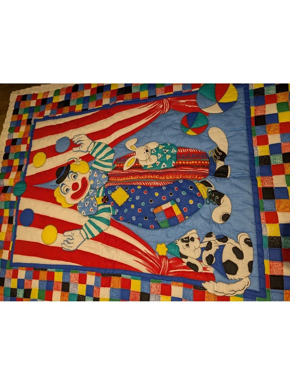 Vintage Handmade Quilted Clown and Animals Wall Hanging Quilt